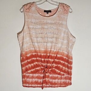 B.L.E.U  Petite Tank Womens PXL Pink Striped Tie Front Crochet Embellished Bling